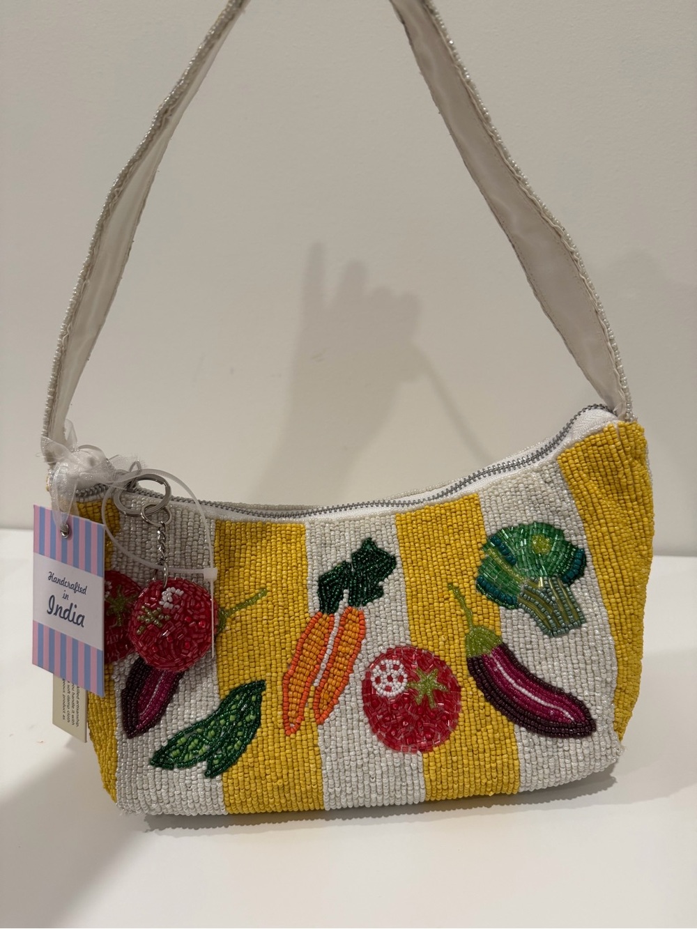 Handcrafted Yellow & White Beaded Vegetable Motif Shoulder Bag